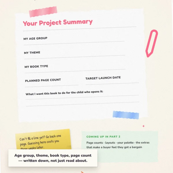The Your Project Summary worksheet with blank lines for age group, theme, book type, planned page count and launch date