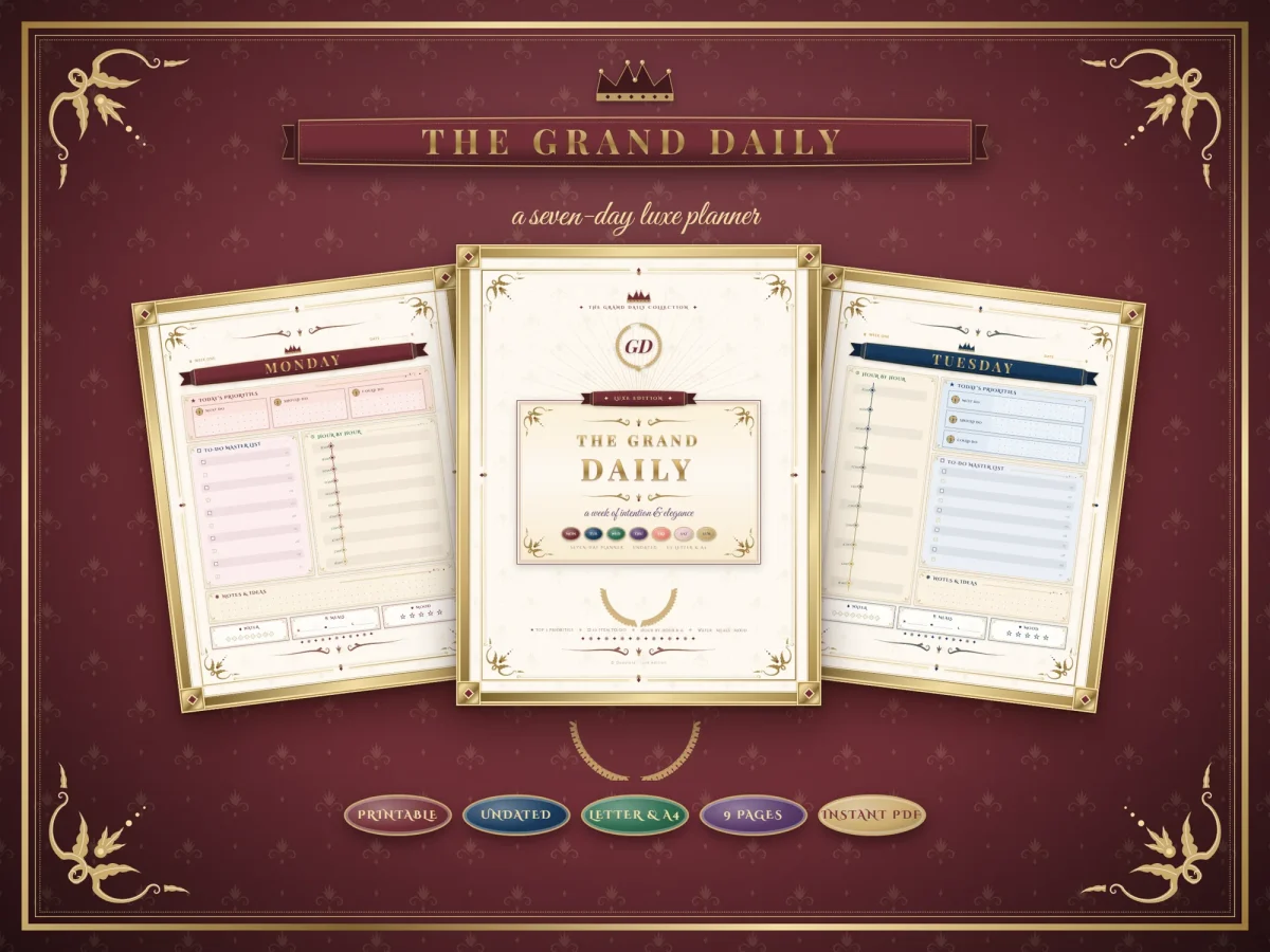 The Grand Daily cover with a gold frame and crown, between the wine-red Monday page and the navy Tuesday page