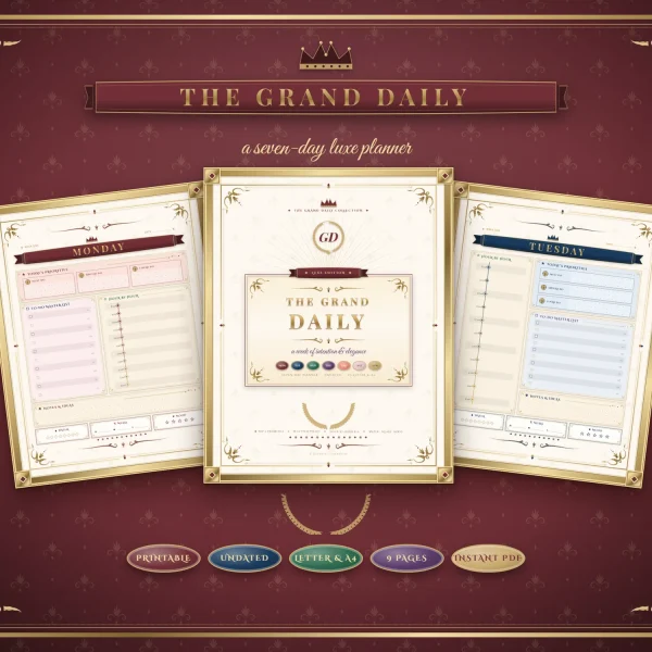 The Grand Daily cover with a gold frame and crown, between the wine-red Monday page and the navy Tuesday page