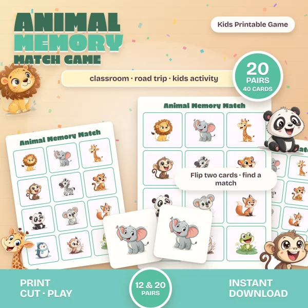 Animal Memory Match card sheets with a lion, elephant, giraffe and panda, and a matching pair of elephant cards, marked 20 pairs and 40 cards