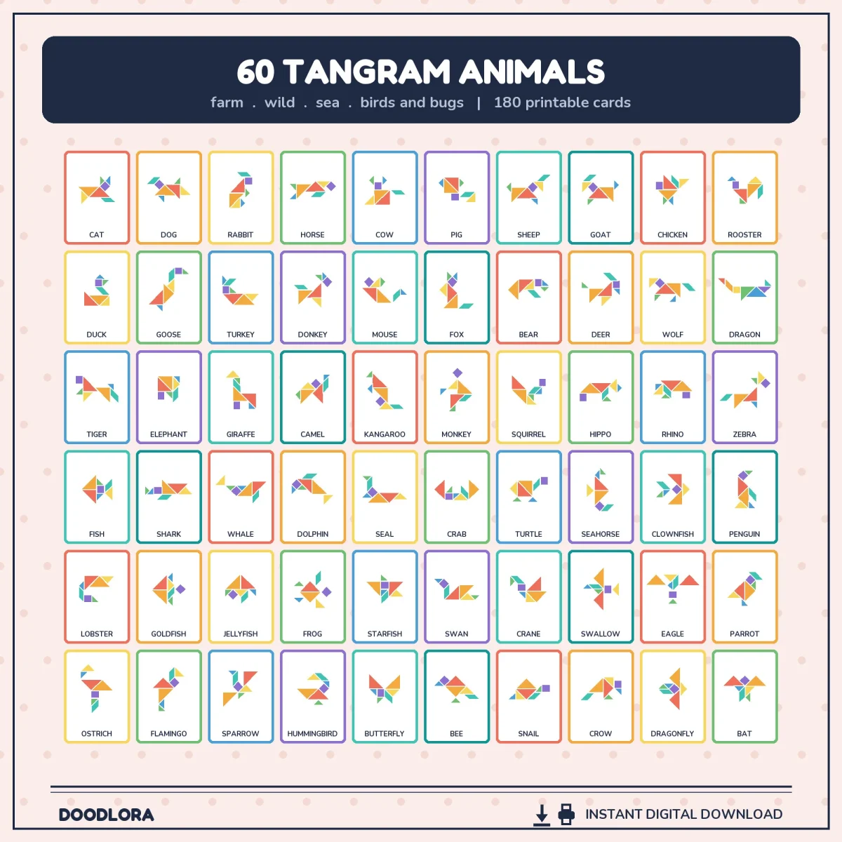 A grid of 60 colorful tangram animal cards labeled cat, dog, rabbit and on through shark, penguin, flamingo and bat