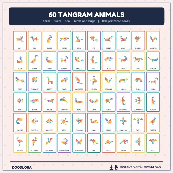 A grid of 60 colorful tangram animal cards labeled cat, dog, rabbit and on through shark, penguin, flamingo and bat
