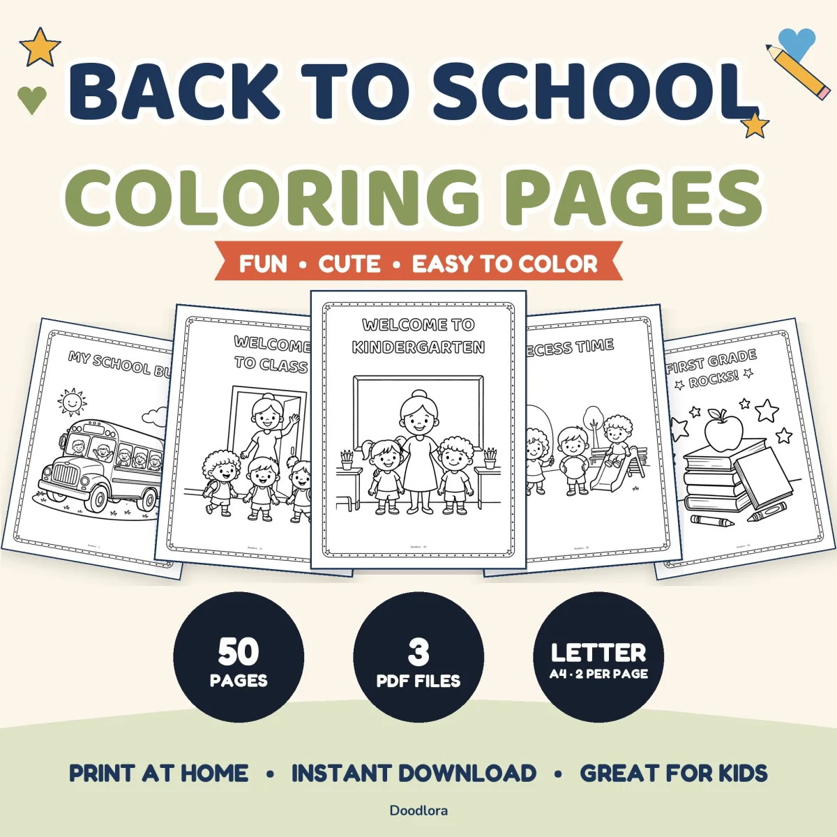 Back to School Coloring Pages cover showing five pages, including My School Bus, Welcome to Kindergarten and First Grade Rocks, marked 50 pages and 3 PDF files