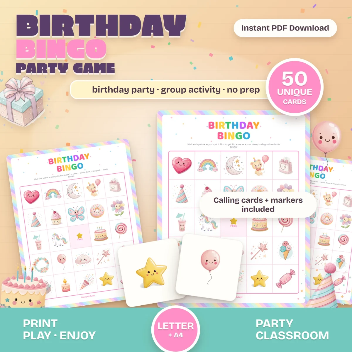 Pastel Birthday Bingo cards with a rainbow-striped border, a smiling heart, rainbow, unicorn and cupcake, and two calling cards with a star and a balloon