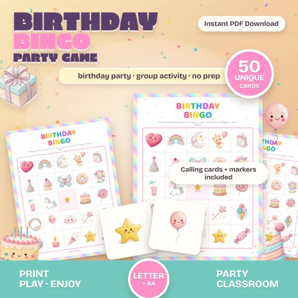 Pastel Birthday Bingo cards with a rainbow-striped border, a smiling heart, rainbow, unicorn and cupcake, and two calling cards with a star and a balloon