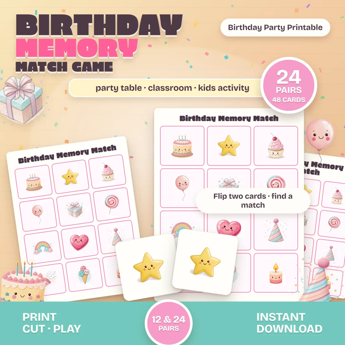 Birthday Memory Match card sheets with a cake, star, cupcake, balloon and rainbow, and a matching pair of star cards, marked 24 pairs and 48 cards