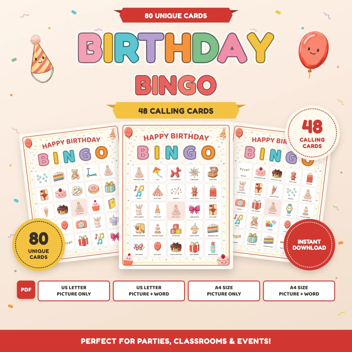 Three Happy Birthday Bingo cards with red borders and a cake in the free space, under a rainbow Birthday Bingo title