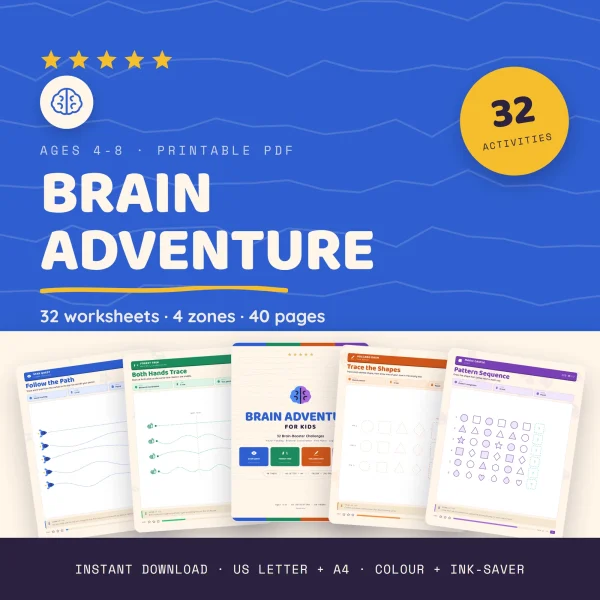 Brain Adventure cover with a 32 activities badge above five fanned sample worksheets