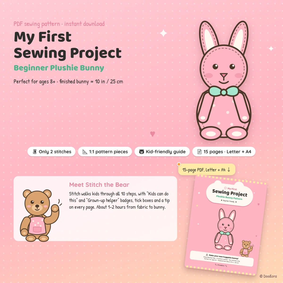 My First Sewing Project cover with a pink plush bunny and Stitch the Bear, marked for ages 8 and up and about 10 in tall