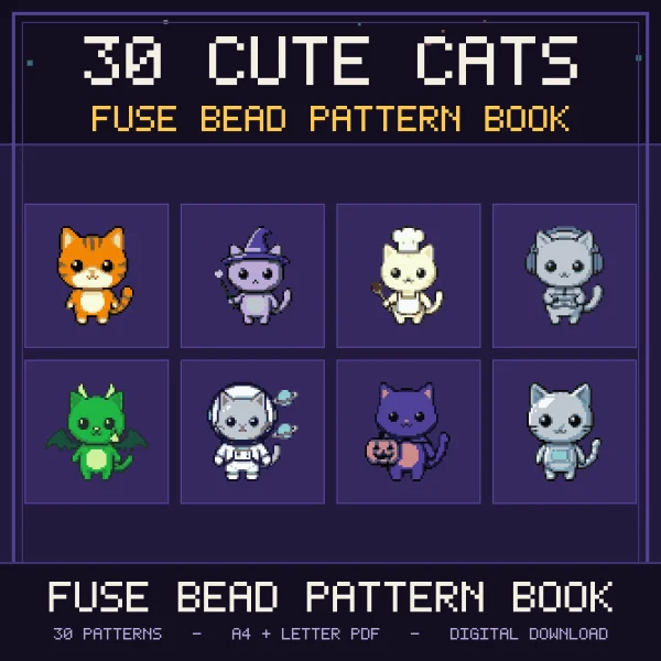 30 Cute Cats fuse bead pattern book cover with eight pixel cats, including an orange tabby, a wizard cat, a chef cat and a dragon cat