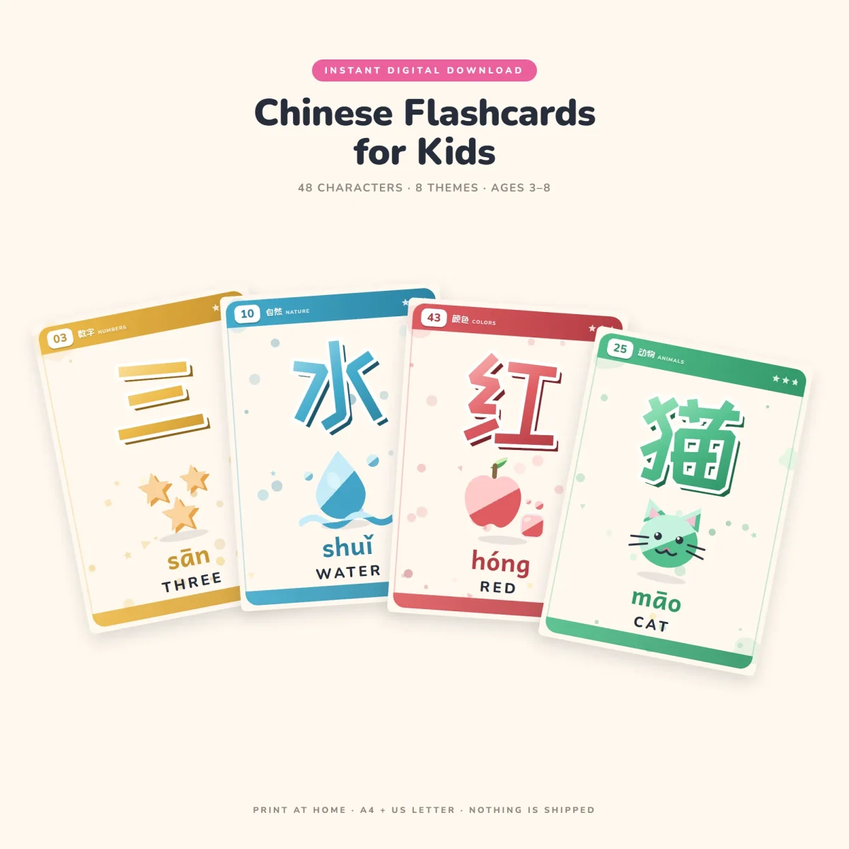 Four Chinese flashcards for 三, 水, 红 and 猫 fanned out, each with a picture, pinyin and English word