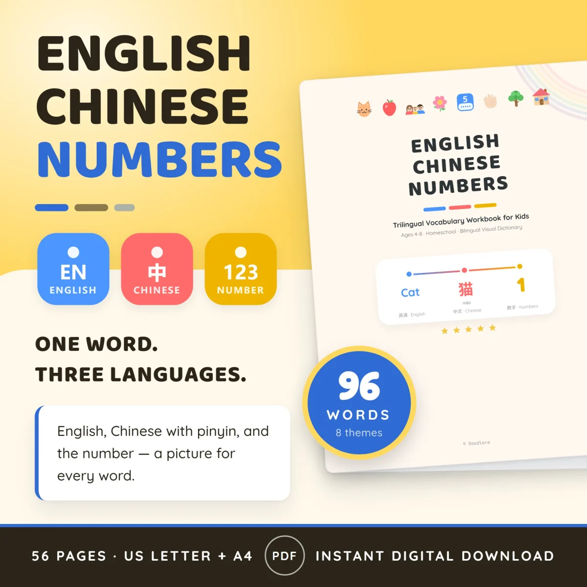 Workbook cover reading English Chinese Numbers with a sample entry for cat, 猫 and 1, marked 96 words, 8 themes and 56 pages