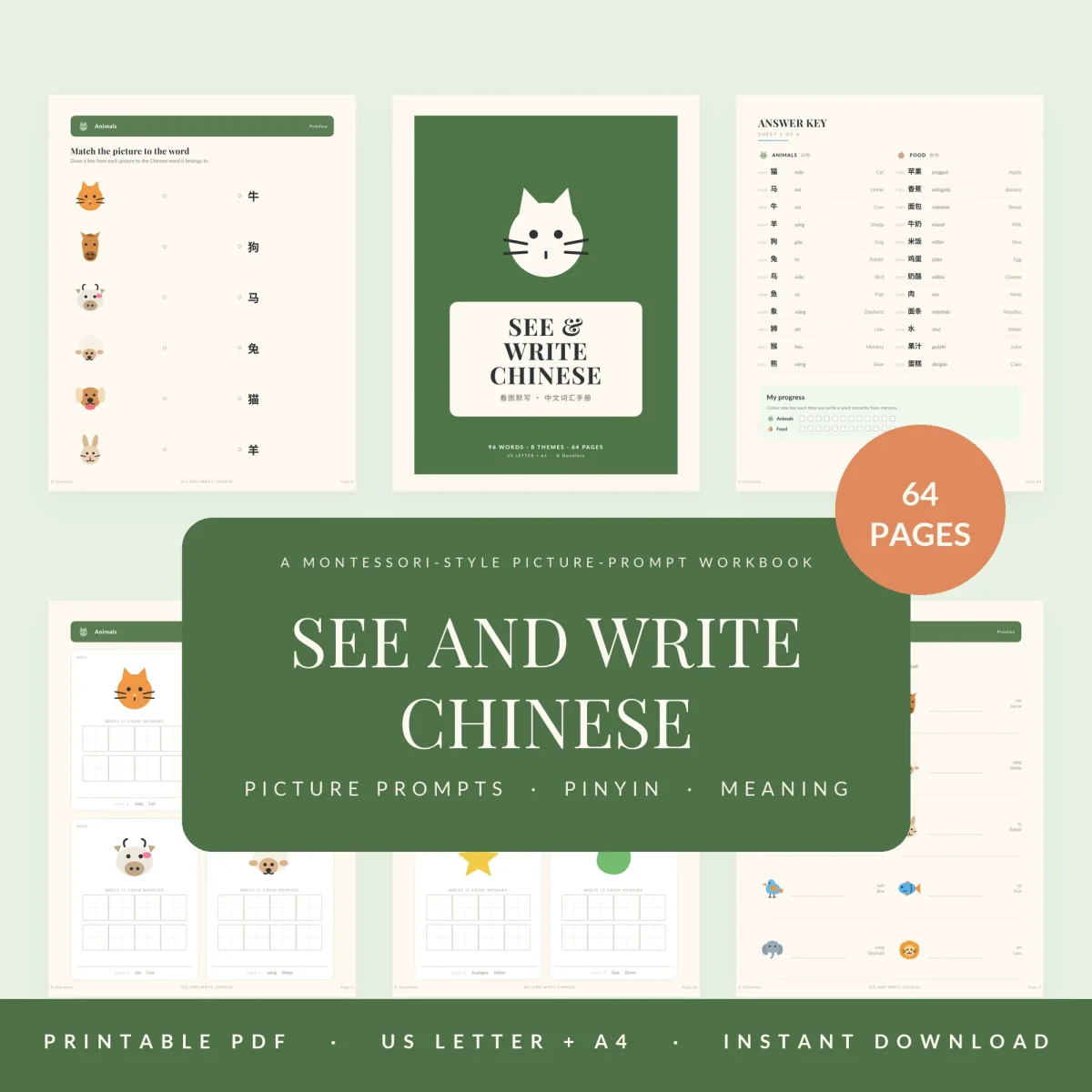 See and Write Chinese workbook cover with a white cat face on green, surrounded by a matching page, an answer key and picture writing cards, marked 64 pages