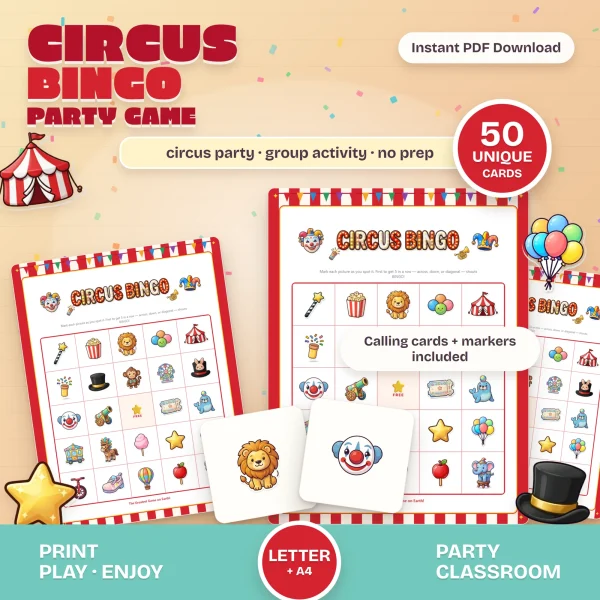 Circus Bingo cards with red-and-white striped borders and bunting, showing a lion, circus tent, popcorn and clown, plus lion and clown calling cards