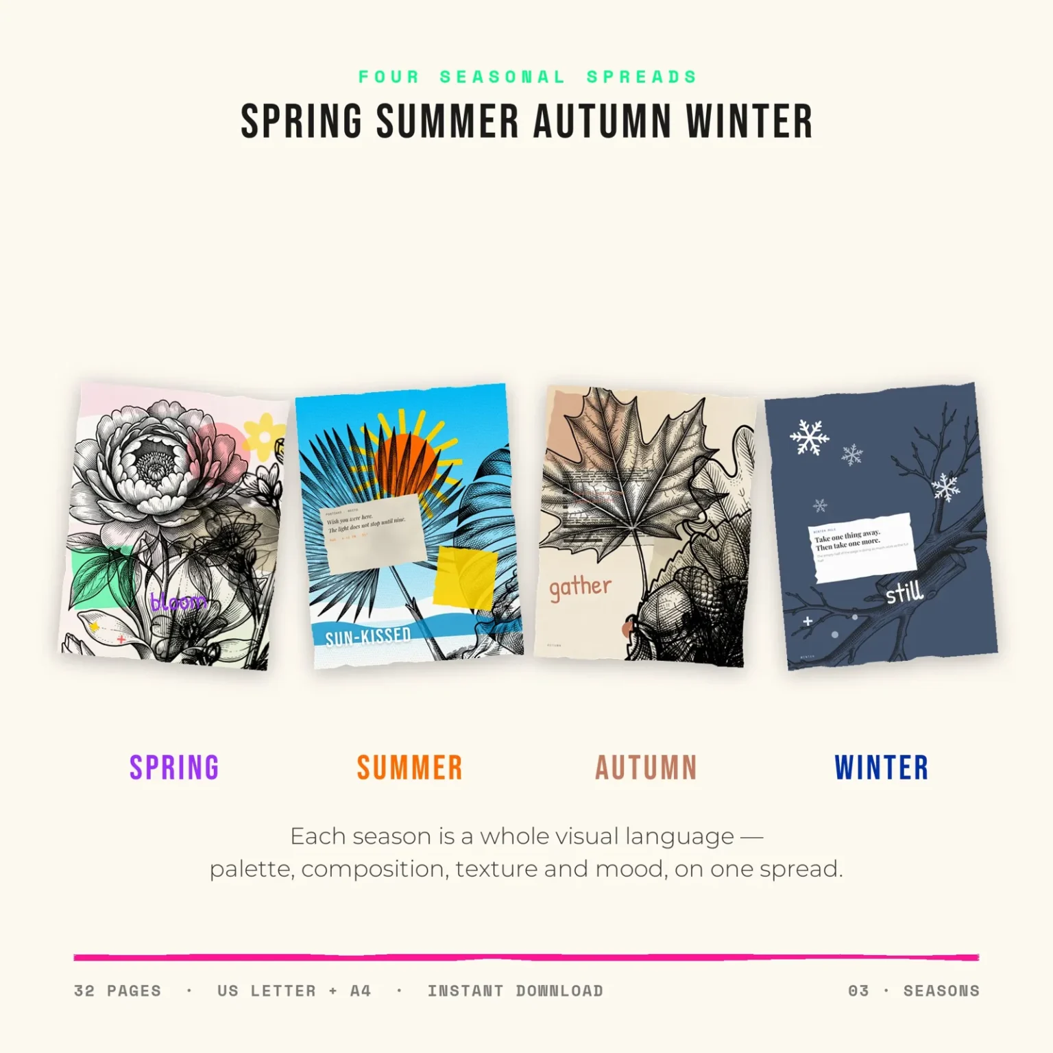 Four seasonal pages side by side: an engraving-style spring flower with the word bloom, a summer palm and sun labeled sun-kissed, an autumn leaf with the word gather, and a winter branch with snowflakes and the word still