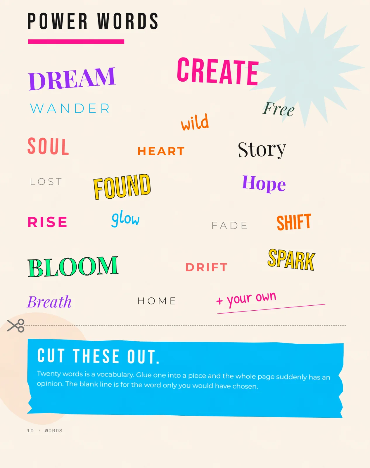A page titled Power Words with about twenty words such as dream, create, found, spark and bloom in different fonts and colors, a dotted cut line with a scissors icon, and a blue banner reading Cut these out