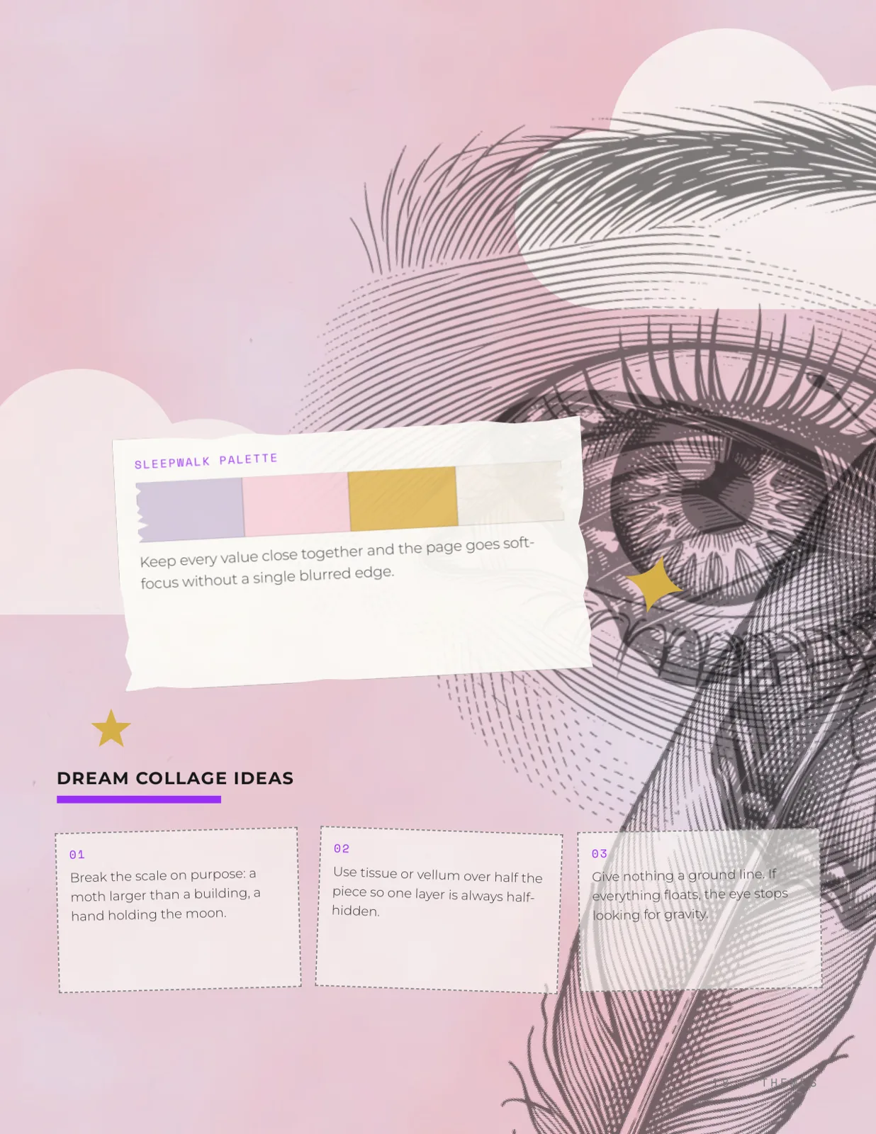 A pink page with an engraving-style eye and feather, a torn paper swatch labeled Sleepwalk Palette with lavender, blush, gold and bone stripes, and three boxed notes under the heading Dream Collage Ideas