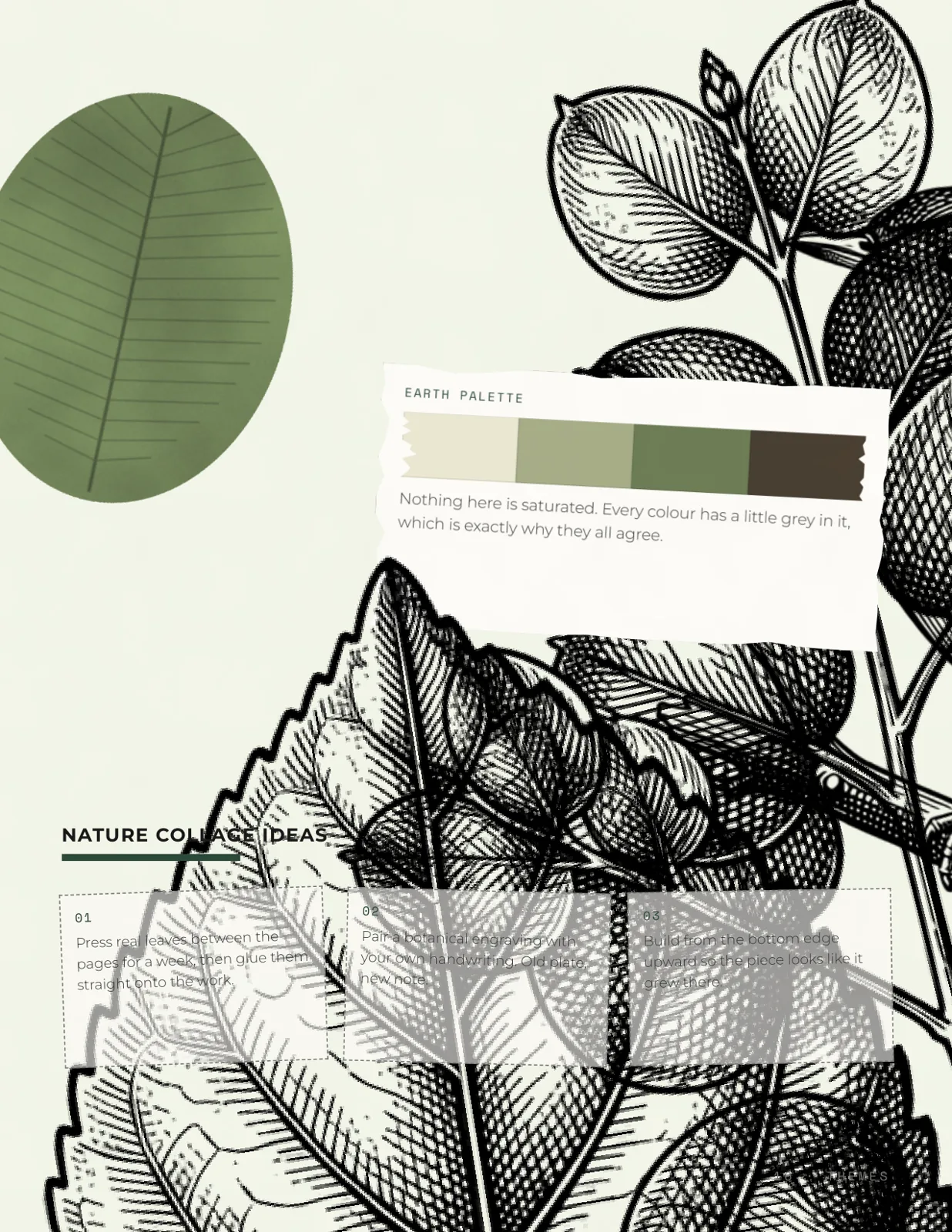 A pale green page with engraving-style leaves and a branch, a flat green leaf shape at top left, an Earth Palette card with four muted swatches, and three boxed notes under the heading Nature Collage Ideas