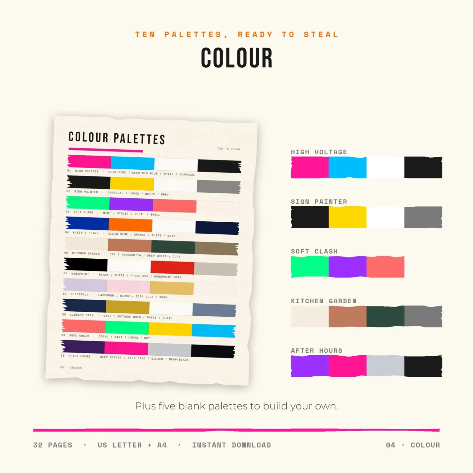 A printed page of ten striped color palettes, each labeled with its name and four colors, beside larger swatches of High Voltage, Sign Painter, Soft Clash, Kitchen Garden and After Hours