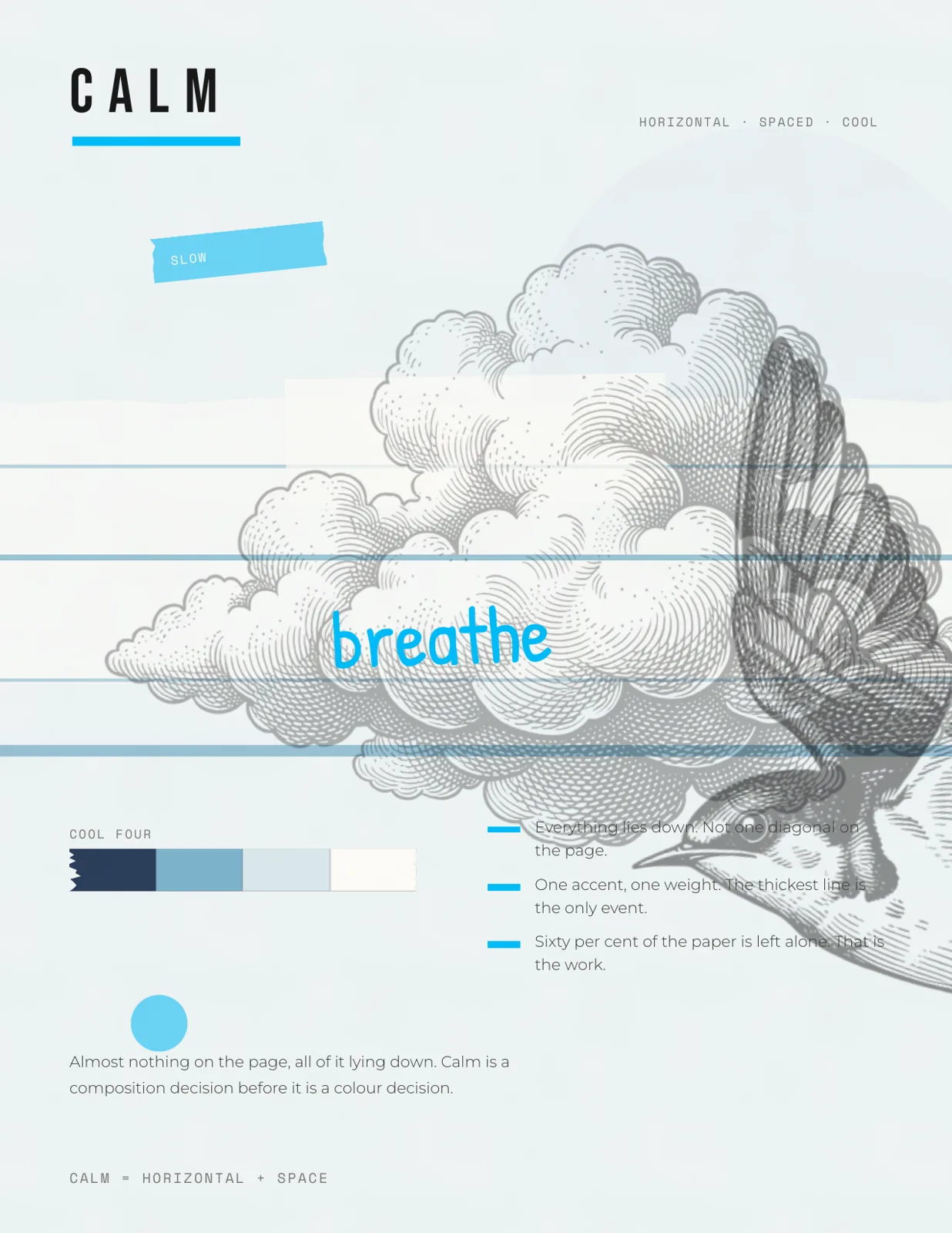 A pale page titled Calm with an engraving-style cloud and bird, horizontal blue lines across the page, the word breathe, a four-color swatch and three short notes