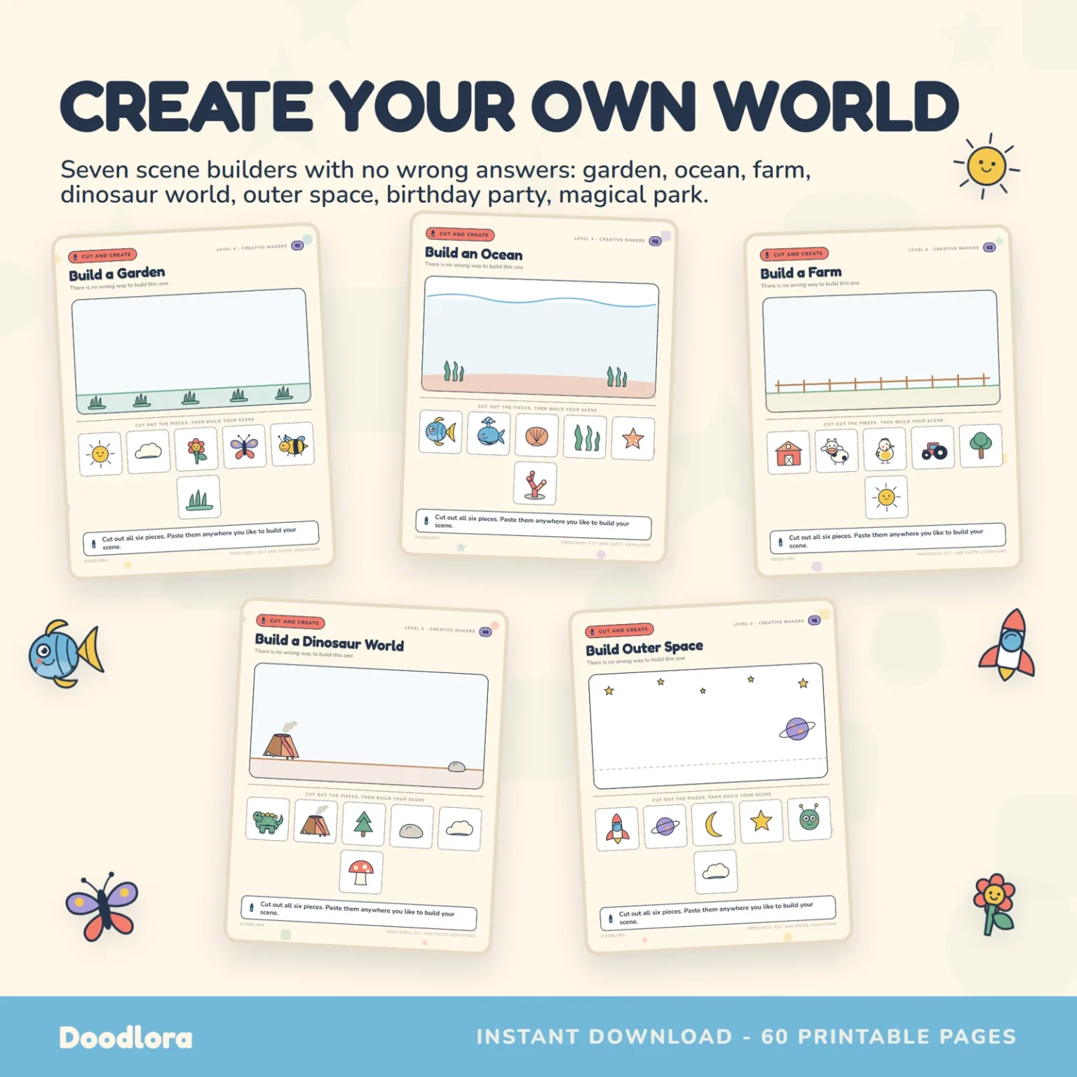 Five sample worksheets under the heading Create Your Own World, titled Build a Garden, Build an Ocean, Build a Farm, Build a Dinosaur World and Build Outer Space, each with an empty scene and a row of pictures to cut out