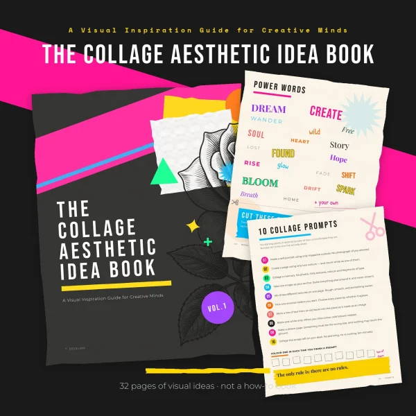 Cover of The Collage Aesthetic Idea Book in black and hot pink with an engraved rose, beside the power words and collage prompts pages