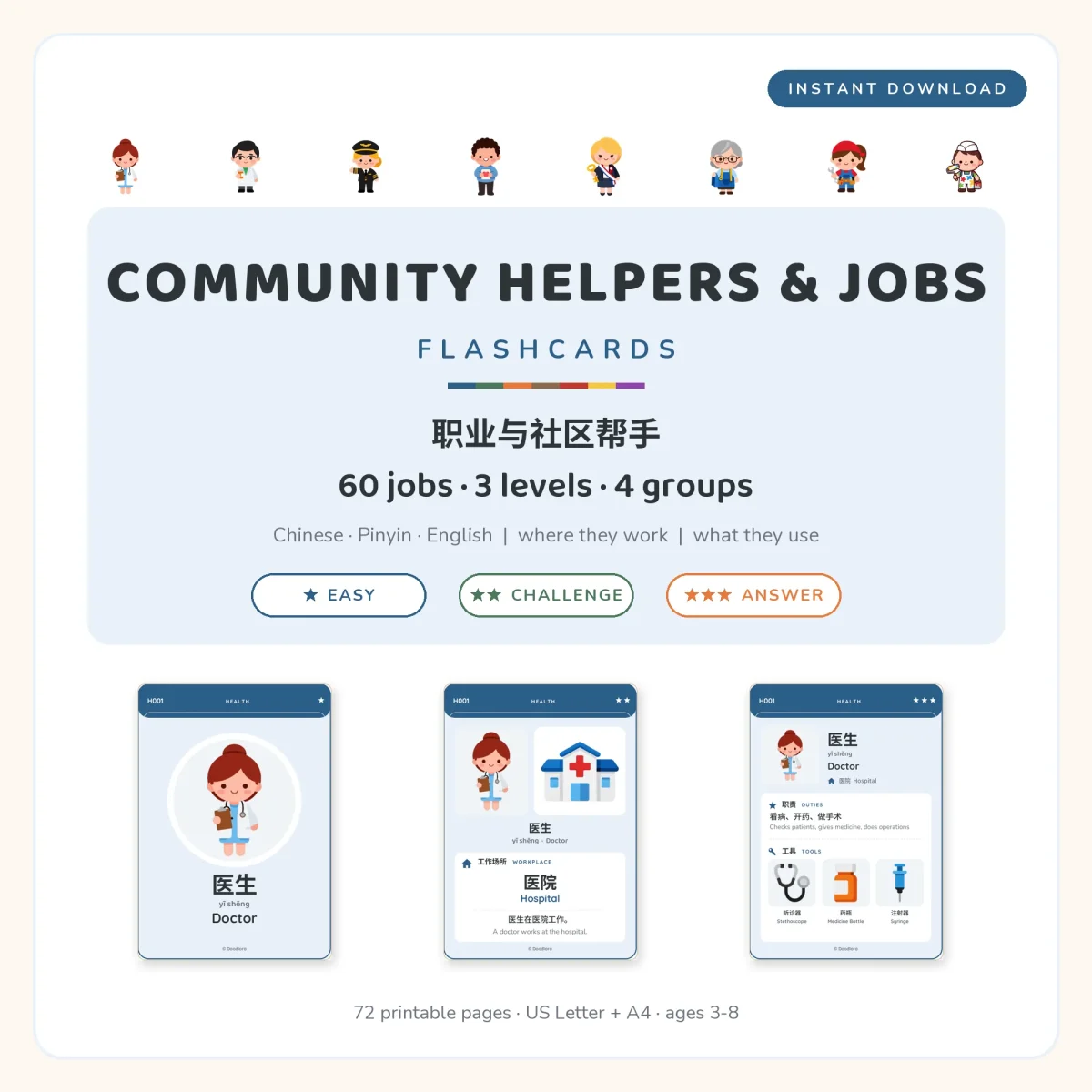 Community Helpers and Jobs flashcards cover with a doctor on an easy, a challenge and an answer card, under a row of eight cartoon helpers