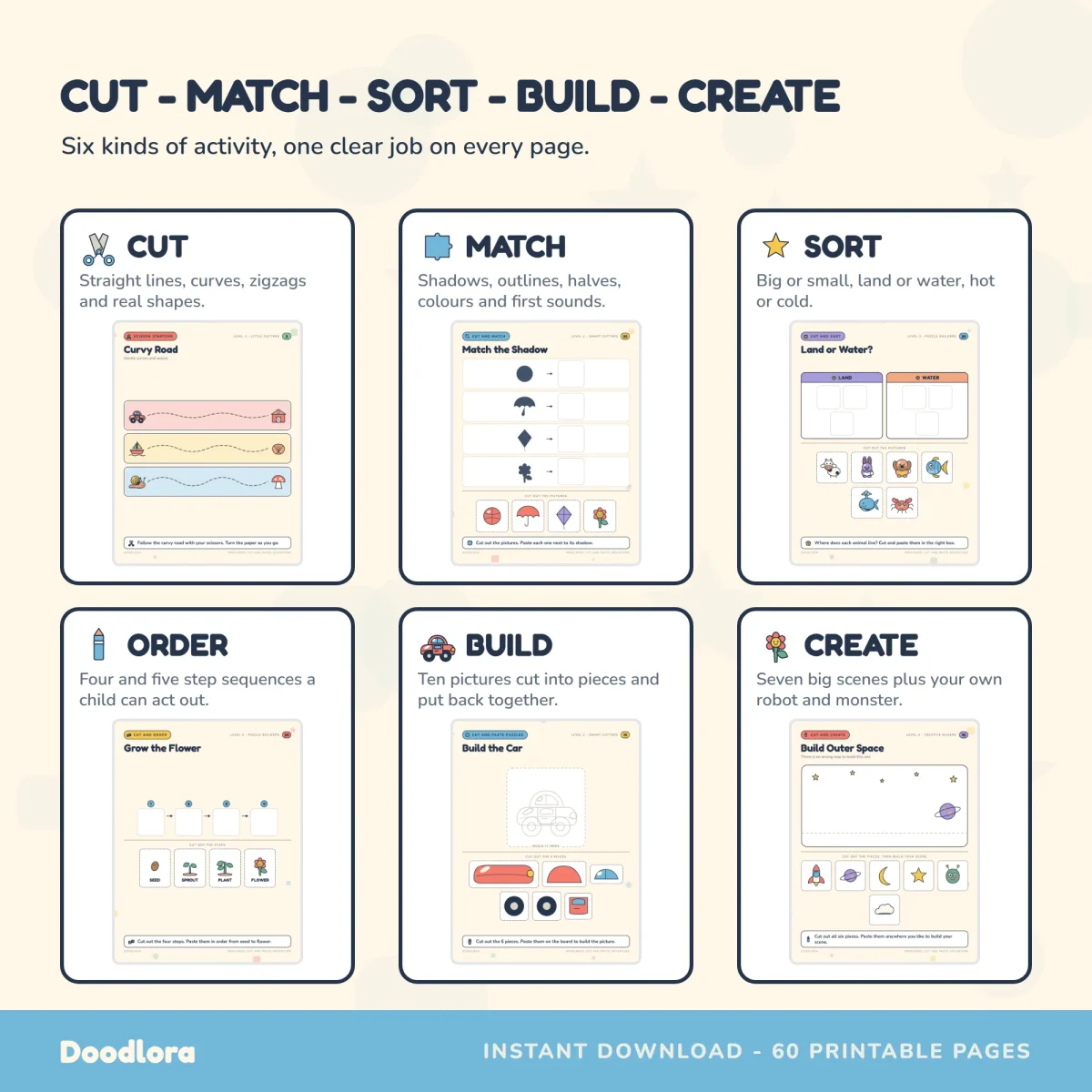 Six sample pages labeled cut, match, sort, order, build and create, including a curvy road and a build the car puzzle