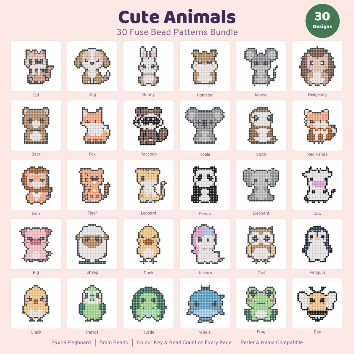 Cute Animals 30 fuse bead patterns bundle cover showing all 30 animals, from a cat and dog to a whale, frog and bee