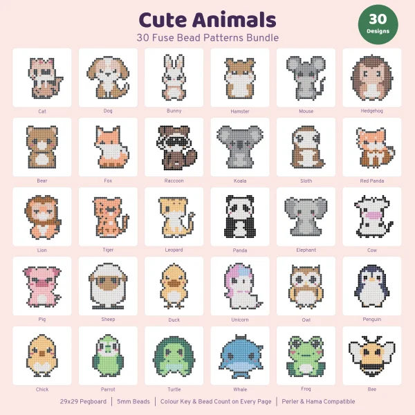 Cute Animals 30 fuse bead patterns bundle cover showing all 30 animals, from a cat and dog to a whale, frog and bee