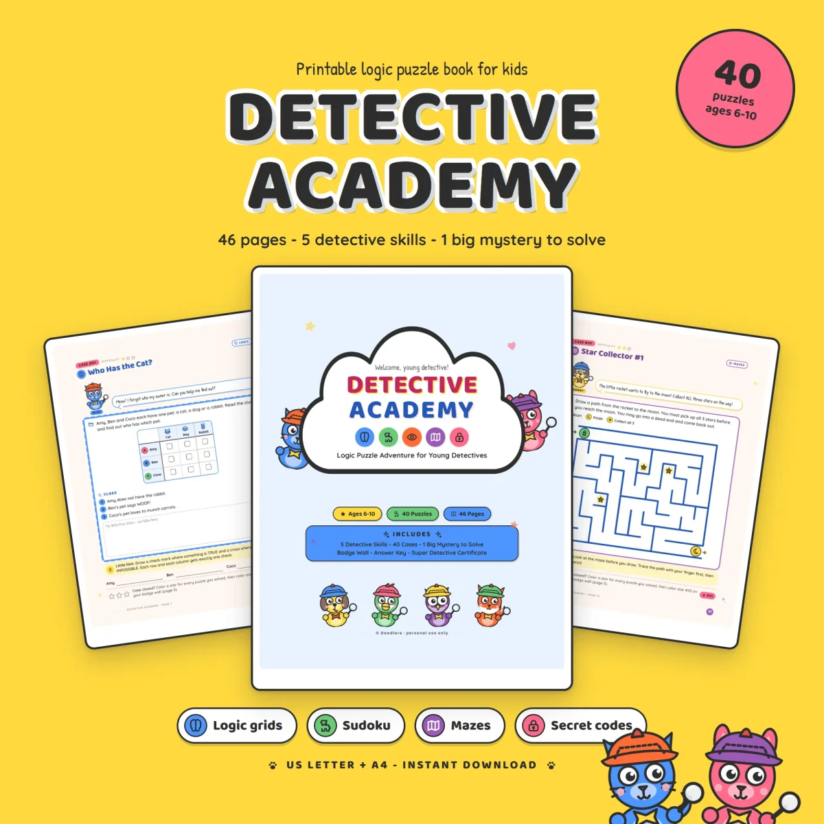 Detective Academy cover with badges for ages 6 to 10, 40 puzzles and 46 pages, between a logic grid page and a star maze page