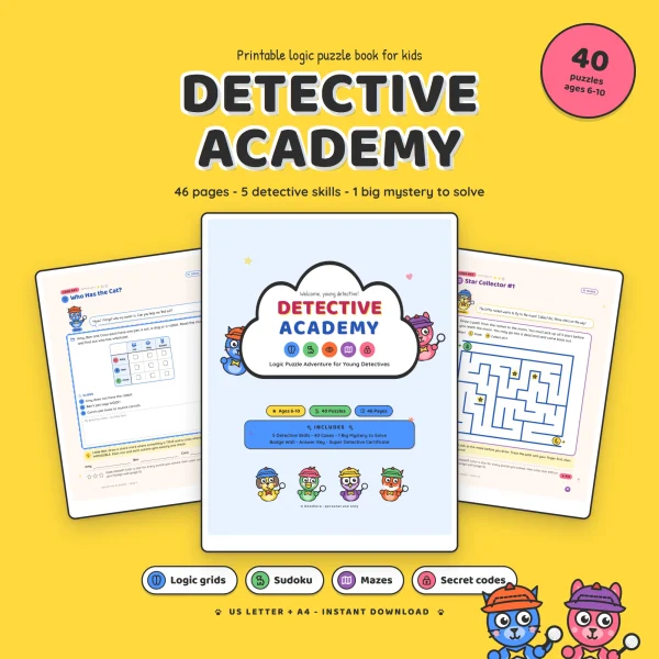 Detective Academy cover with badges for ages 6 to 10, 40 puzzles and 46 pages, between a logic grid page and a star maze page