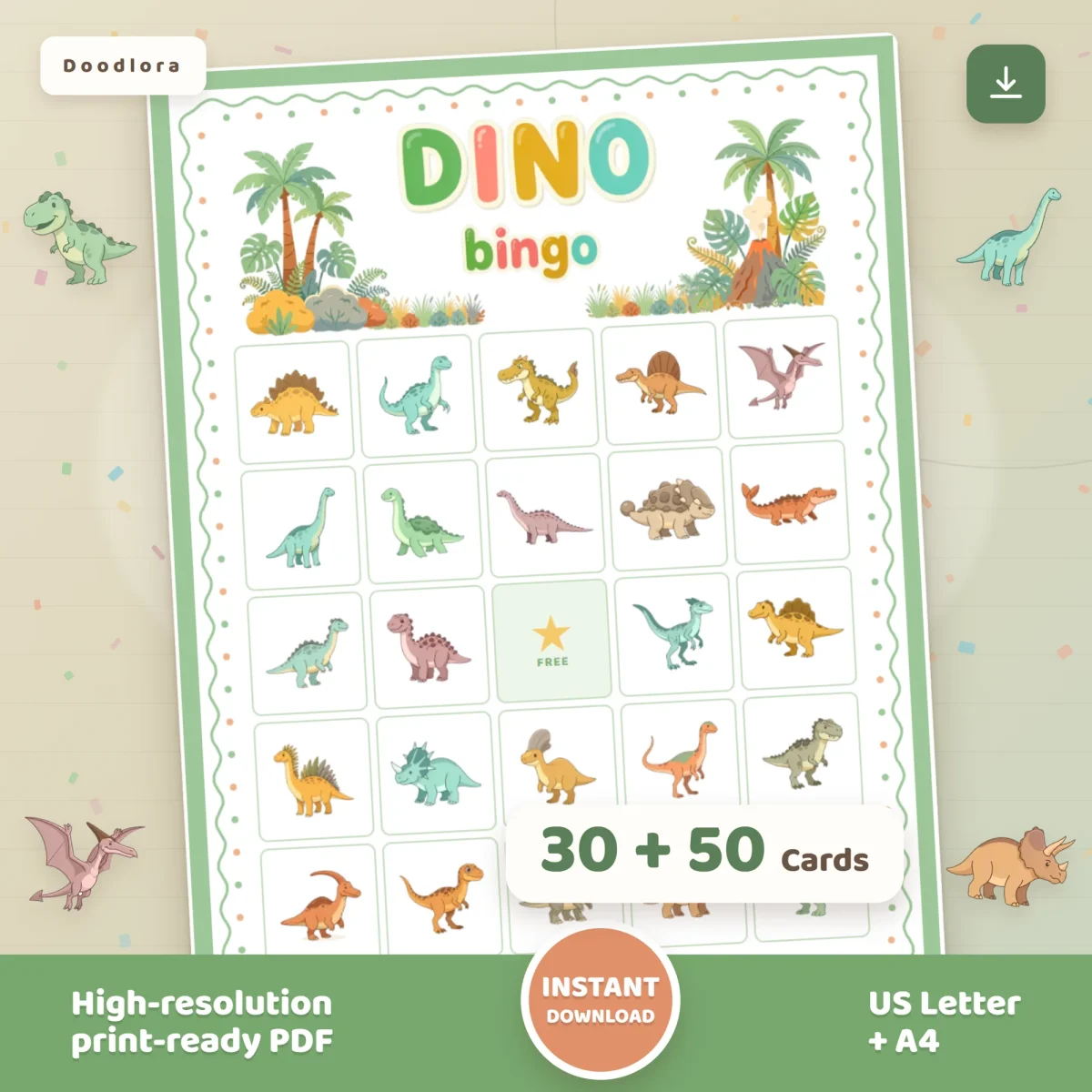 Dino Bingo card in a green frame with palm trees and a smoking volcano above a grid of dinosaurs, marked 30 plus 50 cards
