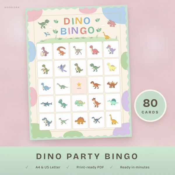 Picture-only Dino Bingo card with pastel baby dinosaurs, a polka-dot title and a gold star free space, on a cream page with a wavy mint edge