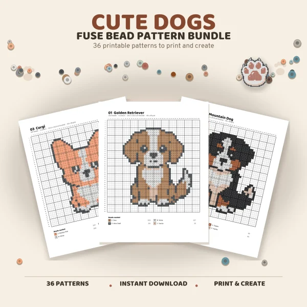 Cute Dogs fuse bead pattern bundle cover with fanned chart pages for a corgi, a golden retriever and a Bernese mountain dog