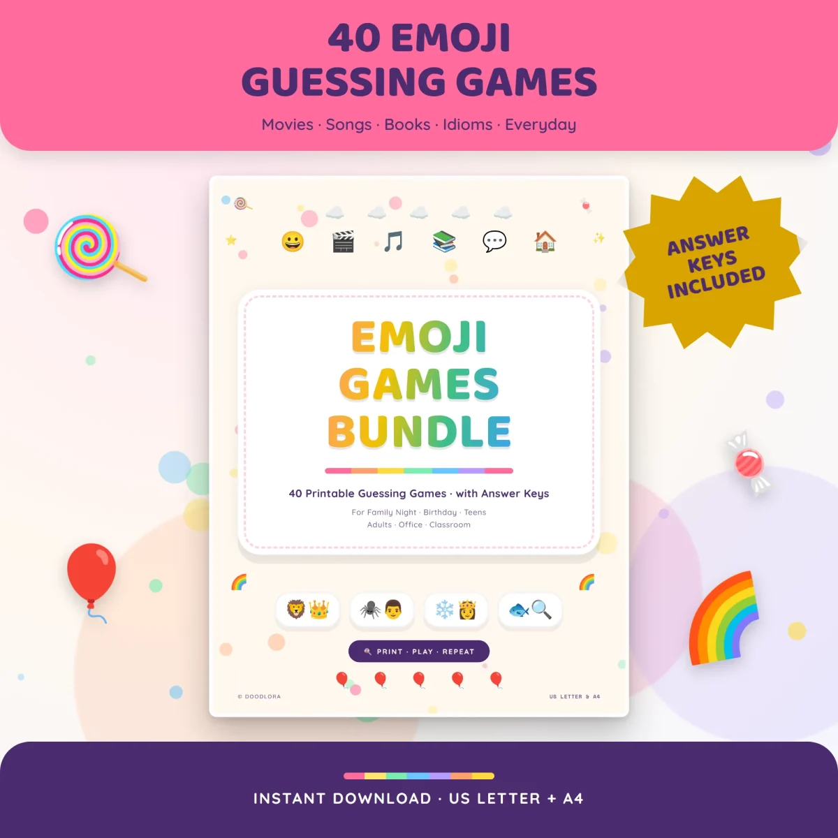 Emoji Games Bundle cover with a lion and crown, spider and man, snowflake and princess, and fish and magnifying glass puzzles