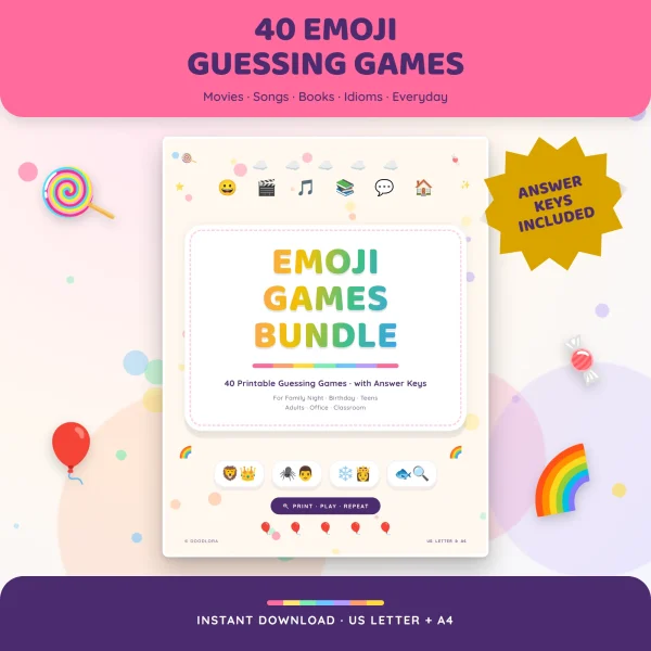 Emoji Games Bundle cover with a lion and crown, spider and man, snowflake and princess, and fish and magnifying glass puzzles