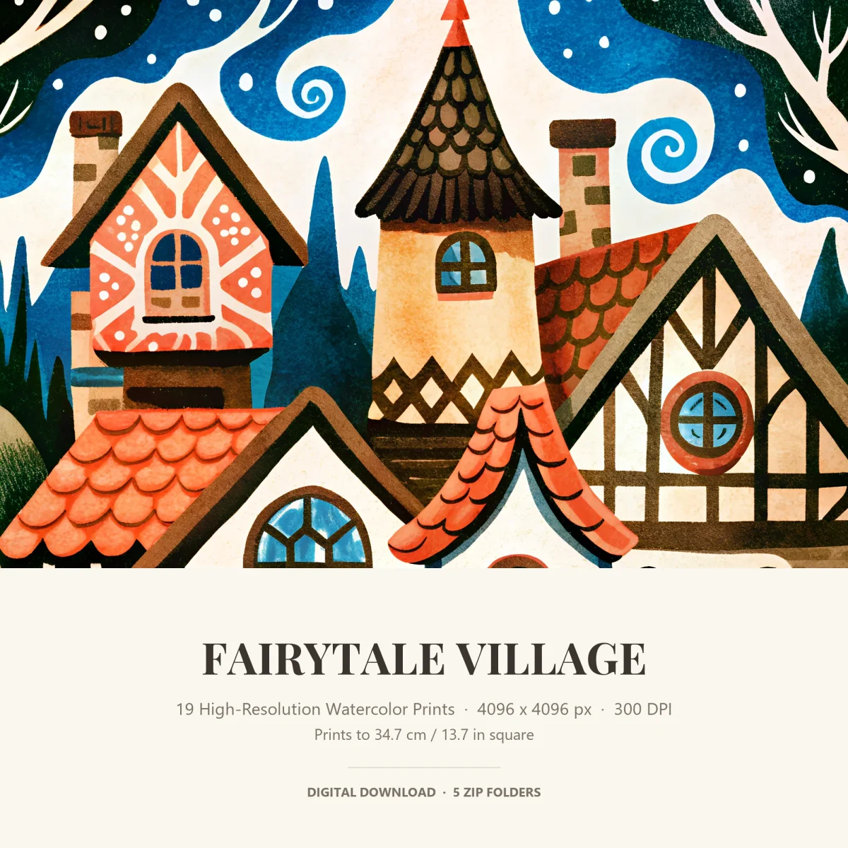 Close crop of a folk art village with a scalloped tower roof, a coral patterned gable and a half-timbered house under a blue swirling sky, above a Fairytale Village title panel