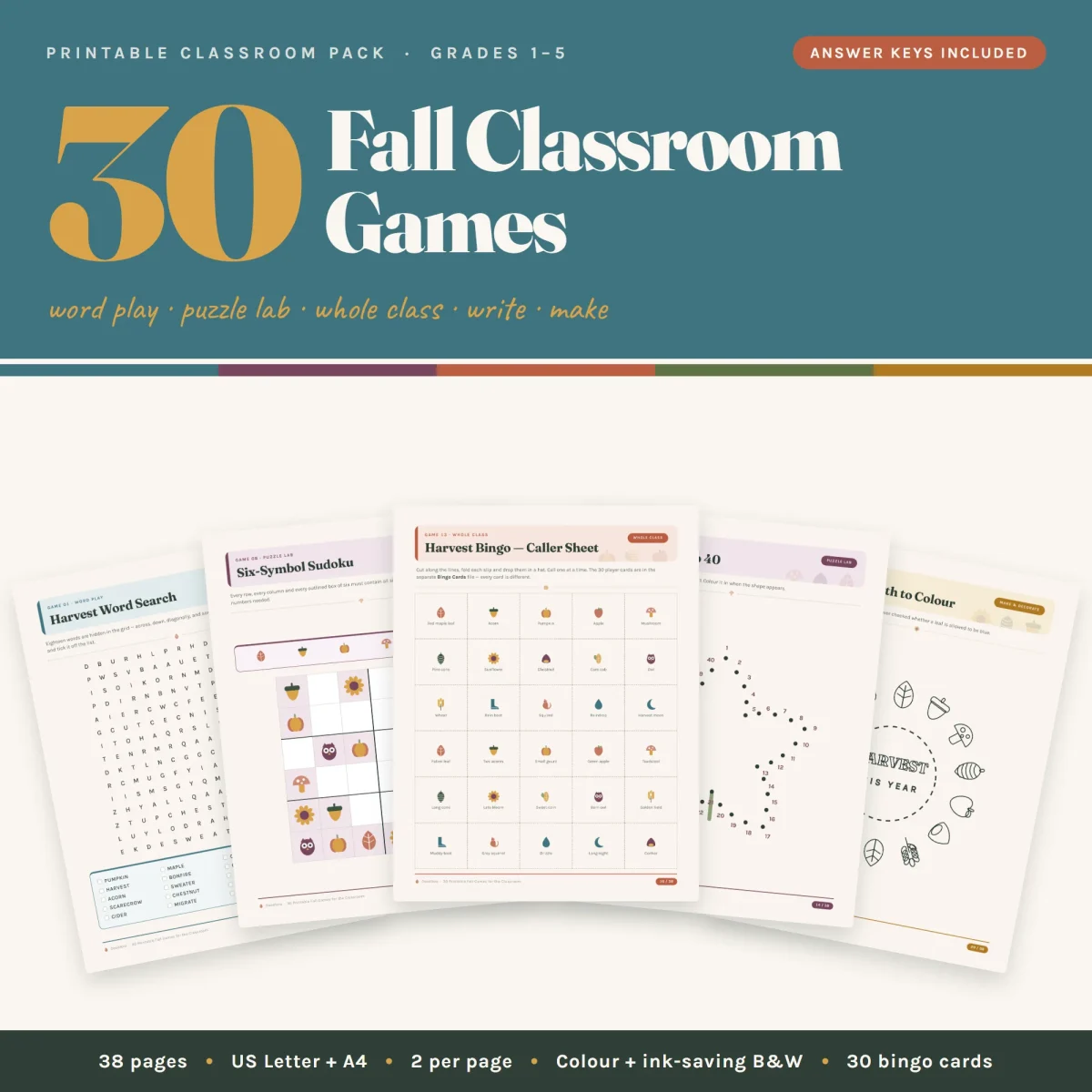 Cover of 30 Fall Classroom Games for grades 1–5 above fanned pages showing a word search, symbol sudoku, bingo caller sheet, dot to dot and a wreath coloring page