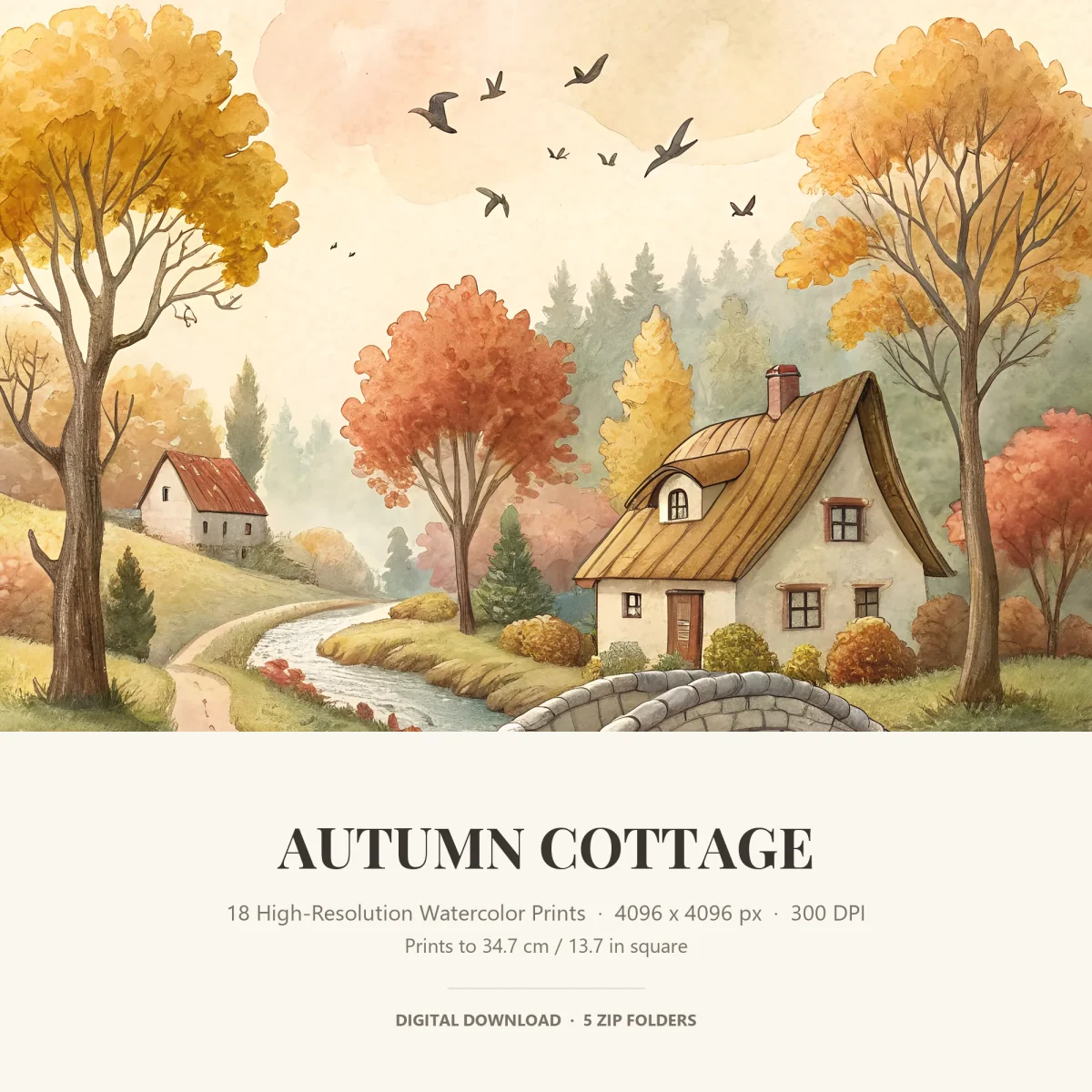 Watercolor-style autumn scene with a thatched cottage, a stone bridge over a stream and orange and yellow trees above an Autumn Cottage title panel