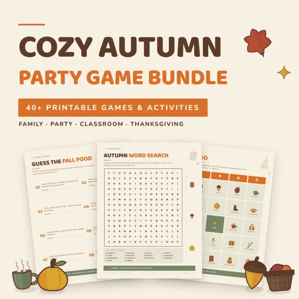 Cozy Autumn Party Game Bundle title over three pages, Guess the Fall Food, an autumn word search and a fall bingo card