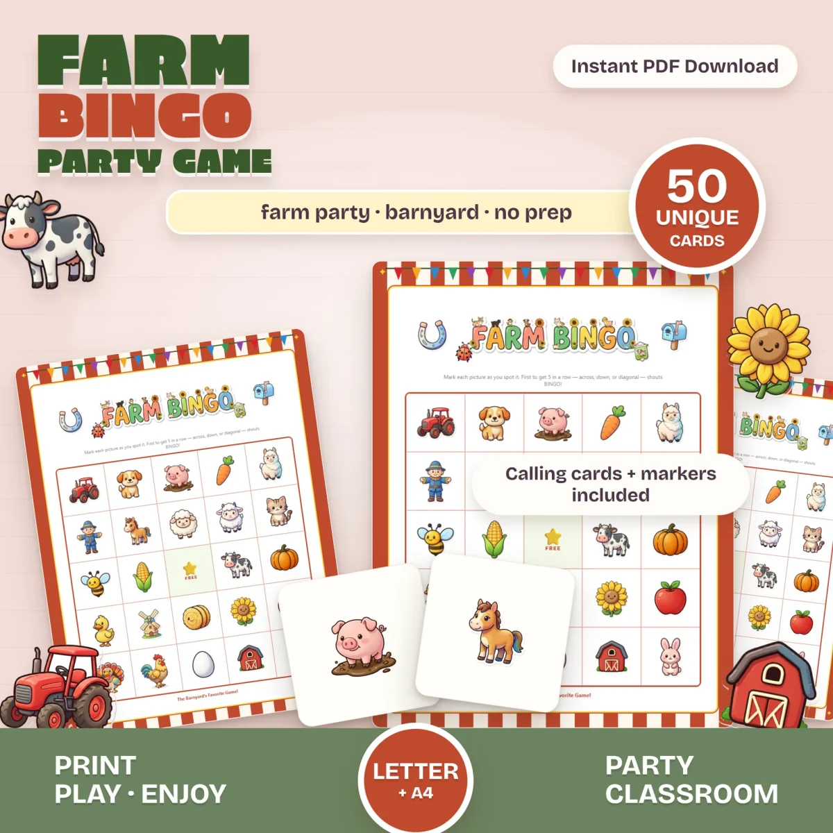 Farm Bingo cards with rust-red striped borders showing a tractor, puppy, pig in mud, llama, cow and pumpkin, plus pig and horse calling cards