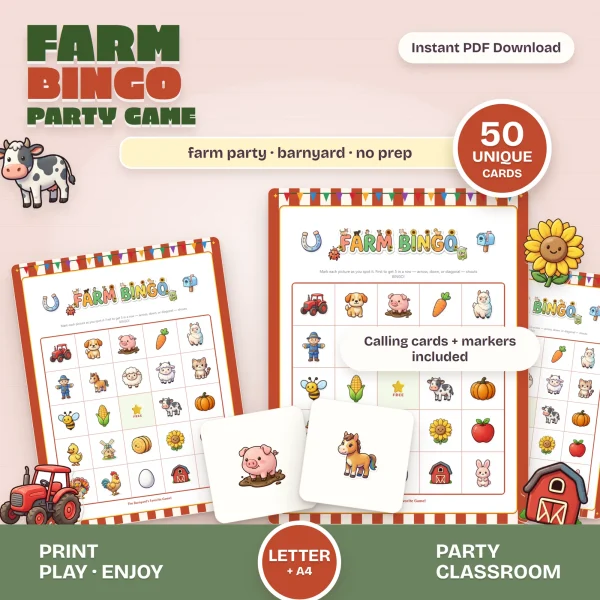 Farm Bingo cards with rust-red striped borders showing a tractor, puppy, pig in mud, llama, cow and pumpkin, plus pig and horse calling cards