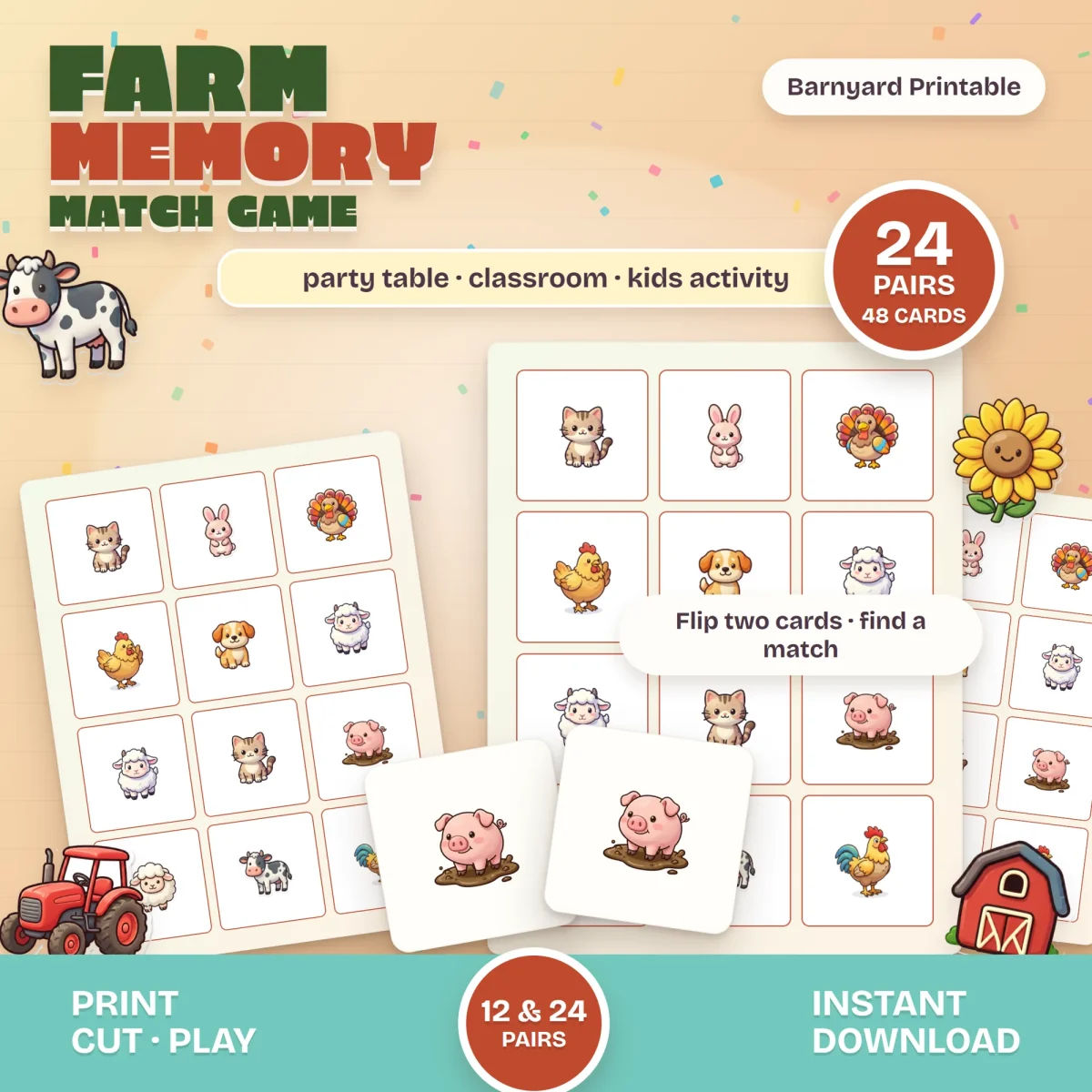 Farm Memory Match card sheets with a cat, rabbit, turkey, chicken, dog, sheep and pig, and a matching pair of pig cards, marked 24 pairs and 48 cards