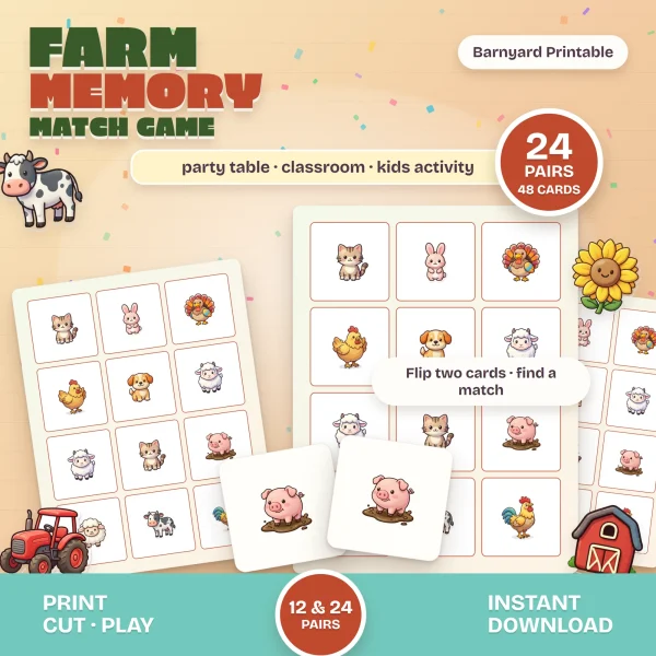 Farm Memory Match card sheets with a cat, rabbit, turkey, chicken, dog, sheep and pig, and a matching pair of pig cards, marked 24 pairs and 48 cards