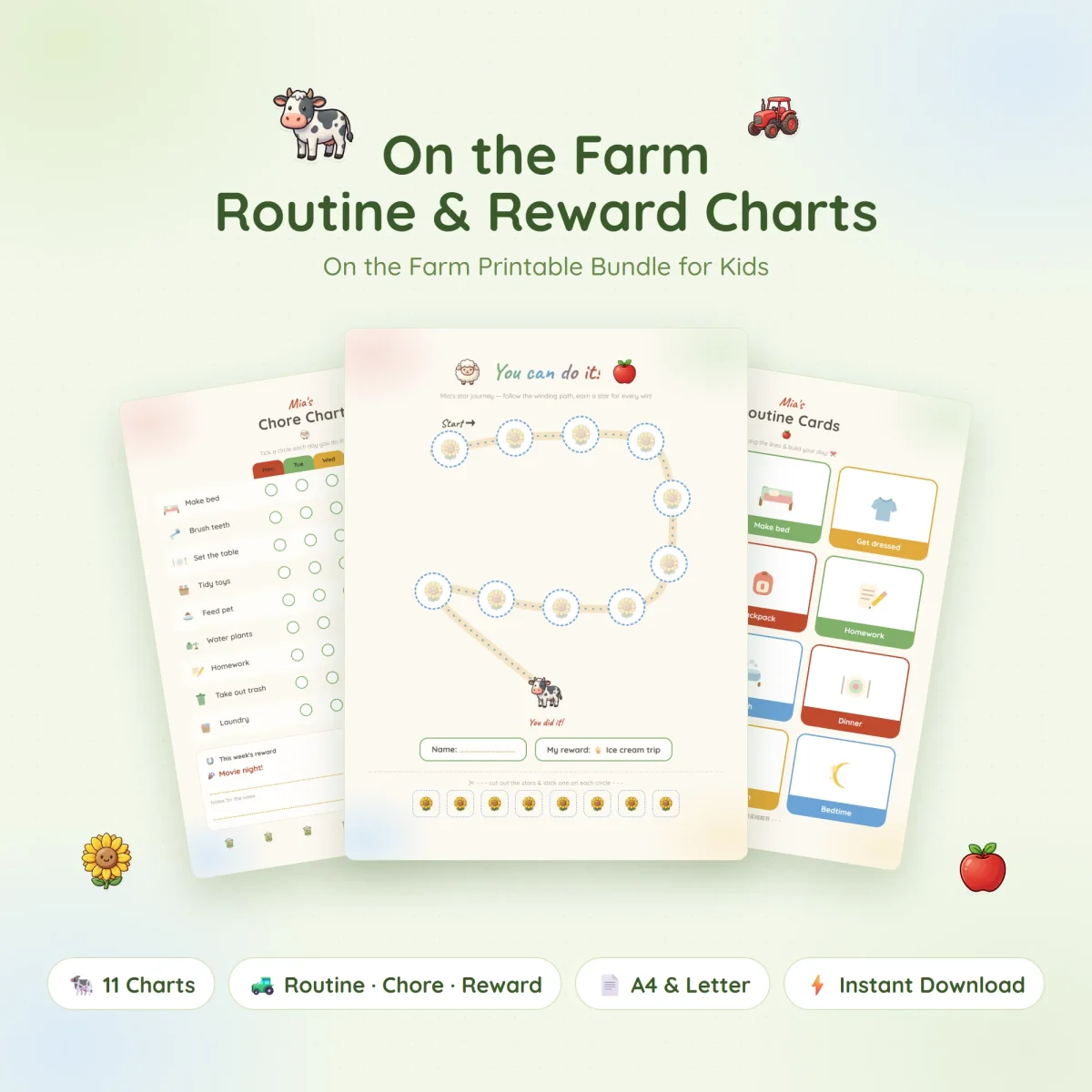On the Farm routine and reward charts with a star path ending at a cow, flanked by a chore chart and routine cards