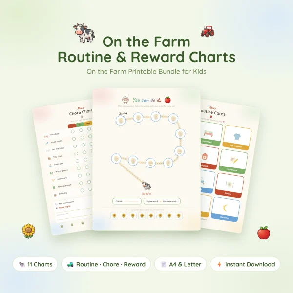 On the Farm routine and reward charts with a star path ending at a cow, flanked by a chore chart and routine cards
