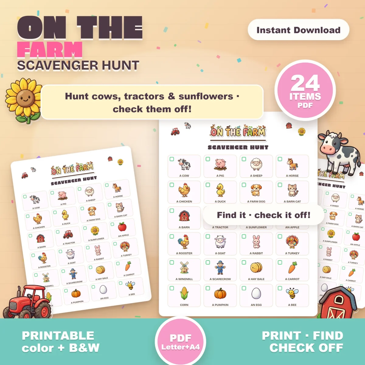 On the Farm scavenger hunt page with 24 pictures including a cow, pig, tractor, sunflower, scarecrow and pumpkin, marked 24 items