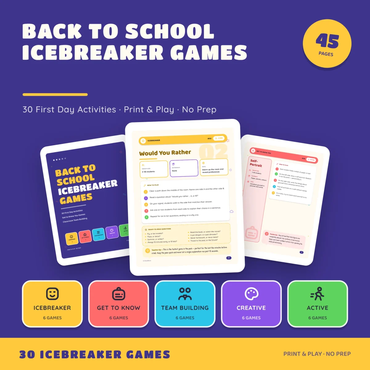 Back to School Icebreaker Games cover and two game pages, Would You Rather and Self-Portrait, above five section tiles of six games each