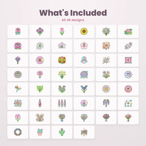 All 46 floral designs in pastel colors, including a rose, sunflower, lotus, lavender, wisteria, succulent, cactus and a hanging basket